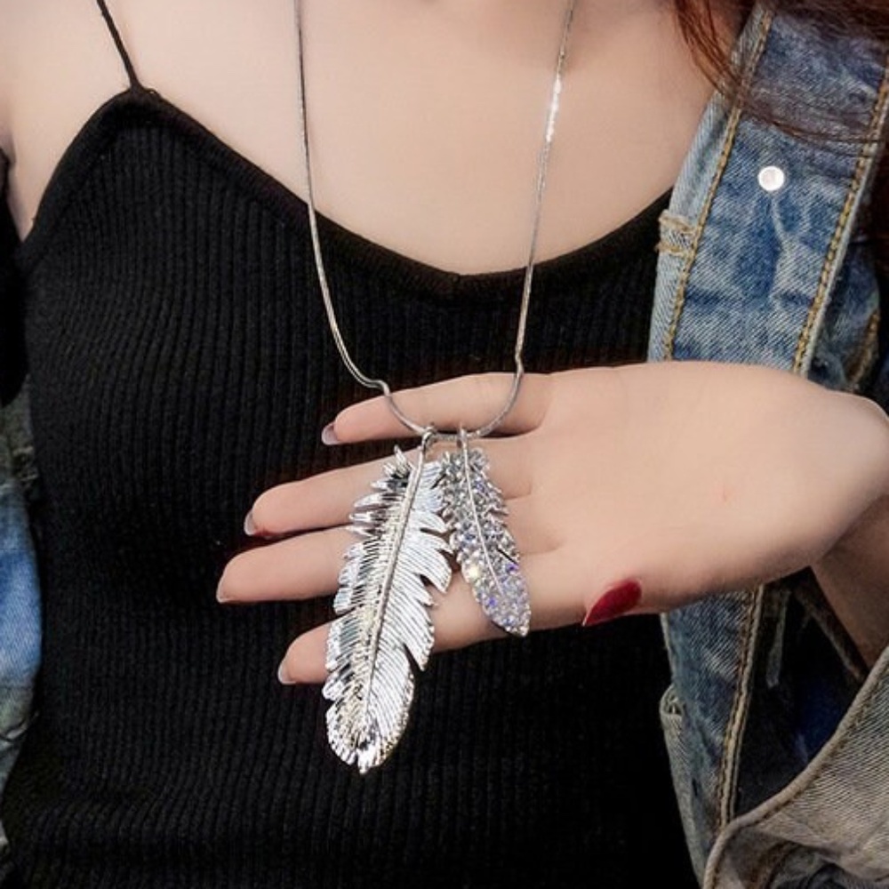 Crystal Double Feather Pendant Sweater Necklace